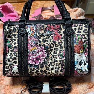 Ed Hardy Leopard Print Satchel with Pink and Black Accents